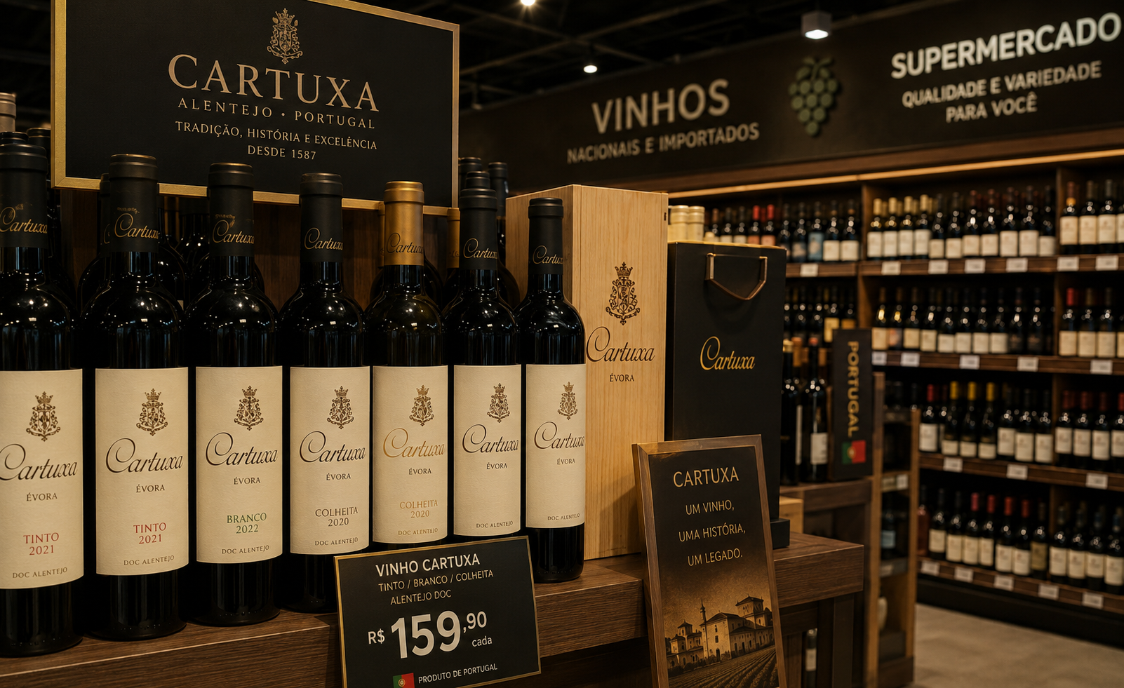 Prateleira de vinhos em supermercado
